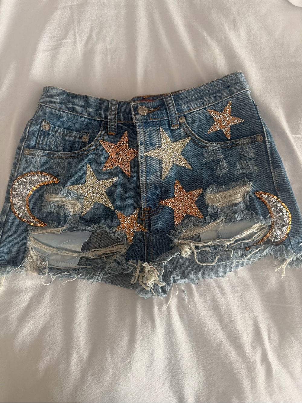 Denim Shorts with Gold & Silver Stars and Moons ⭐️ 🌙